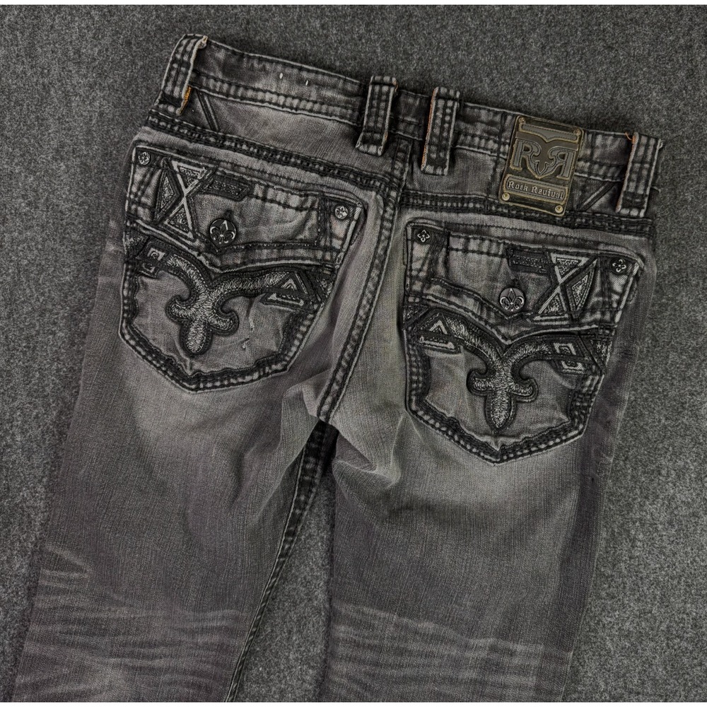 Mens Rock Revival "Leeroy" Black Denim Leather Inserts Slim Straight 33x28 Y2K